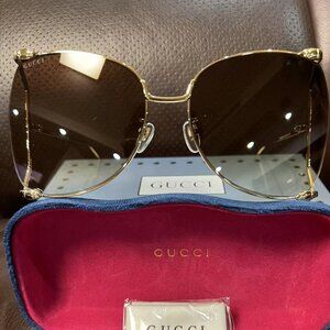 Gucci GG0252S Gold Square Sunglasses · 63mm Oversized · Brown Lenses